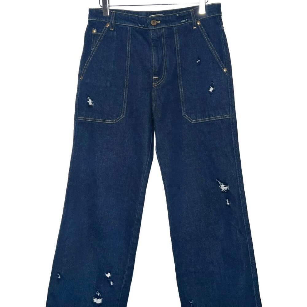 Miu Miu 2018 Blue Denim Embroidered Distressed Wide Leg Jeans